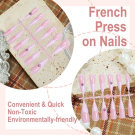 24Pcs Almond False Nails - French Tips Stick on Nails - Press On Nails Almond with Star - Pink Tips Fake Nail Removable Glue-on Nail Women Girls Nail Art Accessories(Pink French)