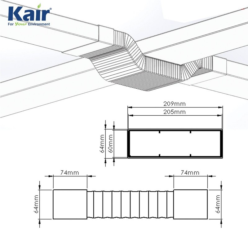 Kair Rectangular Flexible Bend 204mm x 60mm - 500mm Length