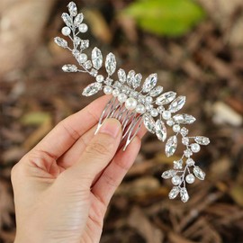 Brishow Crystal Bride Wedding Hair Comb Silver Pearl Hair Pieces Rhinestone Bridal Hair Accessories for Women and Girls (Silver)