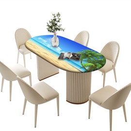 RenteriaDecor Summer Fitted Tablecloths Oval, Palms on Tropical Sand Beach Pattern Print Polyester Table Cloths, Elastic Cover for Party Family Dinner Decor, Fits Tables up to 48'' x 68'', Ocean Sea