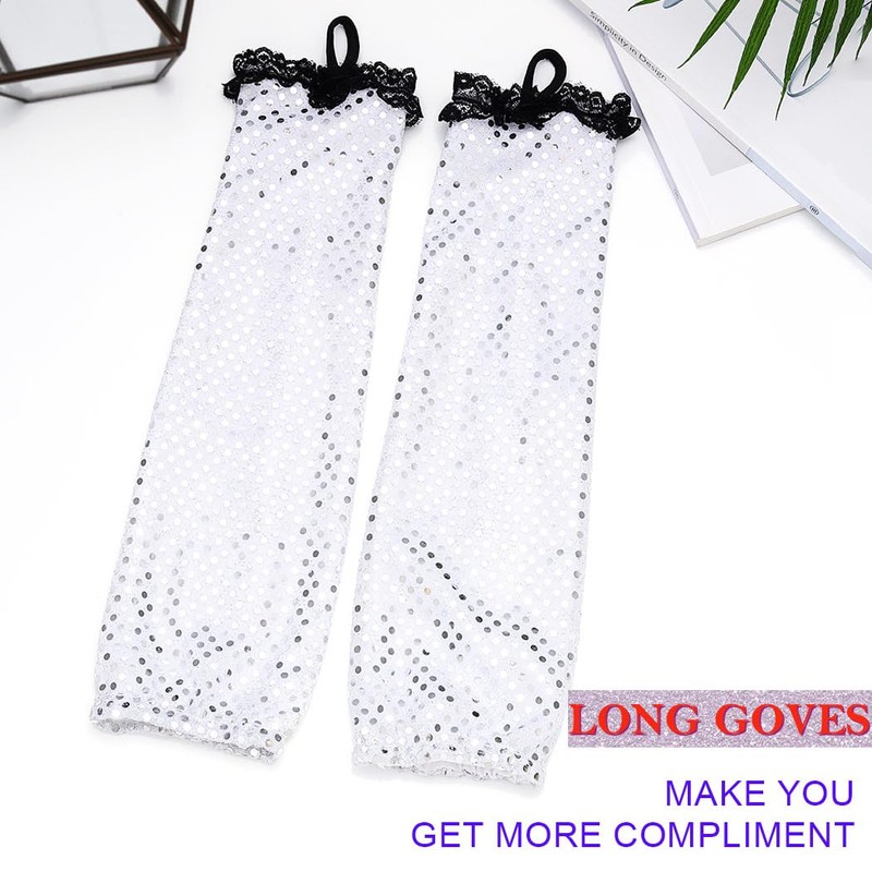 GEMILY Fingerless Rave Gloves Opera Sequin Gloves for Women(Silver)