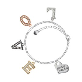 Delight Jewelry Silvertone Large Jesus Loves You Heart Multi-Colored Crystal Love Charm Bracelet, 6+2" Extender