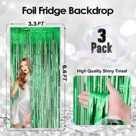 Yishebapa 3 Pack Green Backdrop Curtains, Foil Fringe Curtains Tinsel Streamers for Birthday Wedding Photo Booth Baby Shower Bachelorette Graduation Christmas Party Decorations