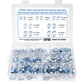 Faankiton 170pcs 7-20 mm Double Ear O-Clips Hose Clamps 2-Ear Clamp Assortment 7 Sizes Adjustable