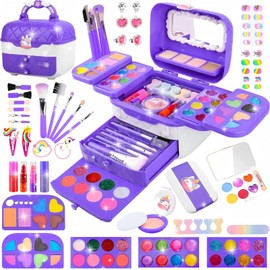 Girls Makeup Kit for Kids, 72 Pcs Washable Real Cosmetic & Purple Travel Cosmetic Case, Non-Toxic Make Up Set Toys Toddler Makeup Kit, Princess Dress Up Kit Christmas & Birthday Gift for 3-12 Age Girl
