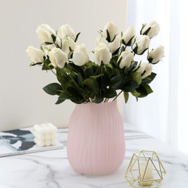 Large Ribbed Glass Vase 8in Frosted Pink Elegant Decorative Vases for Home Flowers Arrangements, Centerpieces, and Modern Décor