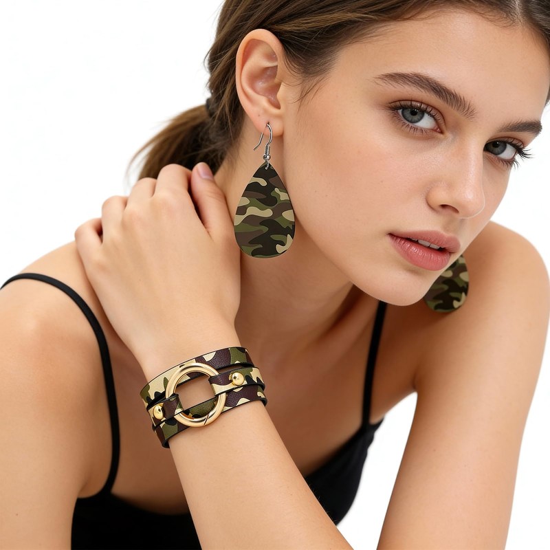 Bmpzery Camo Earrings for Women & Men, Camouflage Bracelet &