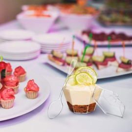 Oasis Creations Hexagonal Mini Bowl-Lids & Spoons Included- 3.3 ounce -40 Count -Clear Plastic - Six Sided - Flower Cup-Dessert Cup- Serving -Snack Bowl-Disposable or Reusable