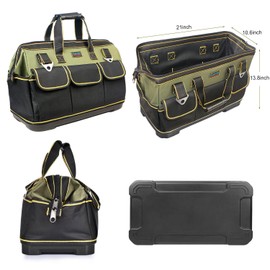 Tool Bag, Ounic 22 Inch Large Tool Bag Heavy Duty With Waterproof Molded Base, Wide Mouth Tool Tote Bag Tool Box Organizer with Adjustable Shoulder Strap for Him Men Husband Mechanic Engineer(Green)