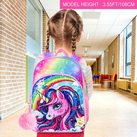 FTJCF 3PCS Unicorn Backpack, 16" Girls Rainbow Sequins Kids Bookbag with Lunch Box, School Bags for Elementary Preschool Kindergarten - Pink