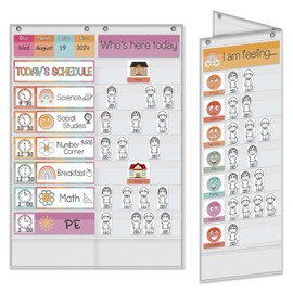 ABCKEY Class Schedule Pocket Chart, Double-Sided Foldable, for Teacher and Student Use,Schedule Cards, Attendance Cards, Mood Cards (Smiling (White))