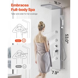 VEVOR Shower Panel Tower System with Rainfall Waterfall Shower Head, 53 in Brushed Stainless Steel Shower Column, 5-Function Faucet, Wall-Mount Rain Massage System with 3 Body Jet, Handheld, Tub Spout