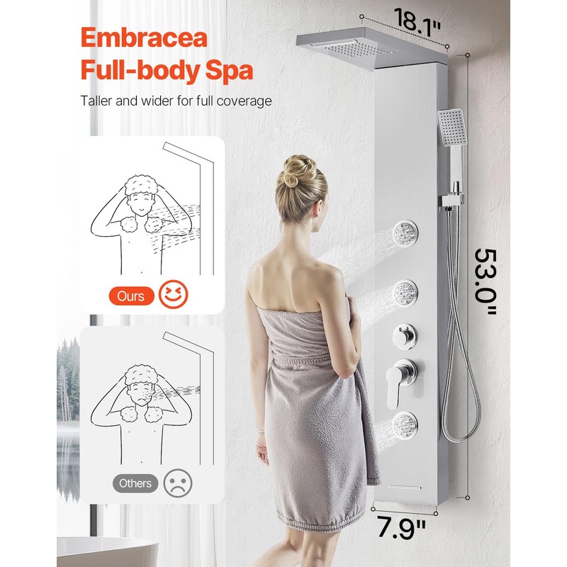 VEVOR Shower Panel Tower System with Rainfall Waterfall Shower Head,
