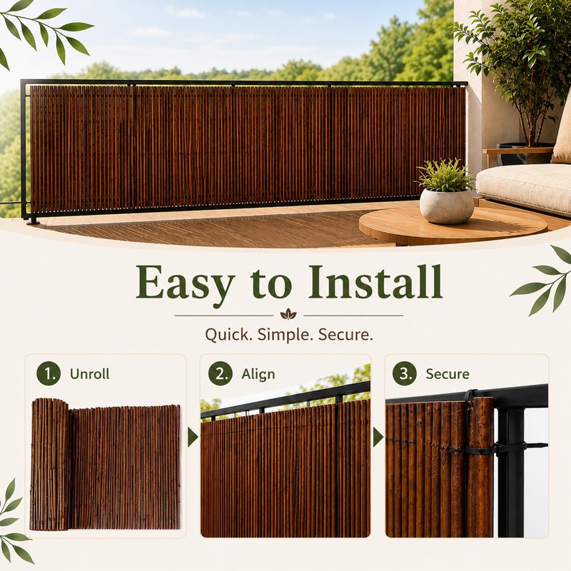 Carbonized Bamboo Fence 4ft x 8ft, Natural Outdoor Privacy Screen