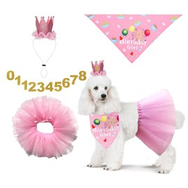 POSAPET Pink Dog Birthday Outfit 3PC Set - Adjustable Numbered Hat, Tutu Skirt & Scarf for Small Medium Dogs, Girl Dog Birthday Party Photo Props