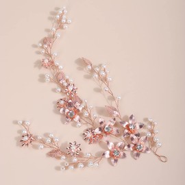 JWICOS Bride Wedding Pearl Hair Vine Gold Crystal Flower Hair Piece Bridal Hair Accessories for Women and Girlss (rose gold)