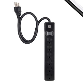 GE 6-Outlet Power Strip, 2 Ft Extension Cord, Heavy Duty Plug, Grounded, Integrated Circuit Breaker, 3-Prong, Wall Mount, UL Listed, Black, 14831