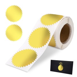 Gold Envelope Seals Stickers, 2" Round Labels Gold Foil Stickers Gold Metallic Seals for Package, Wedding Envelope, Graduation, Certificate Wafer Seals with Serrated Edge 250 Stickers Per Roll