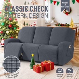 TAOCOCO Recliner Sofa Covers 8-Pieces Stretch Large Couch Covers for 3 Seats Reclining Slipcovers Soft Jacquard Pattern Furniture Protector (Grey)