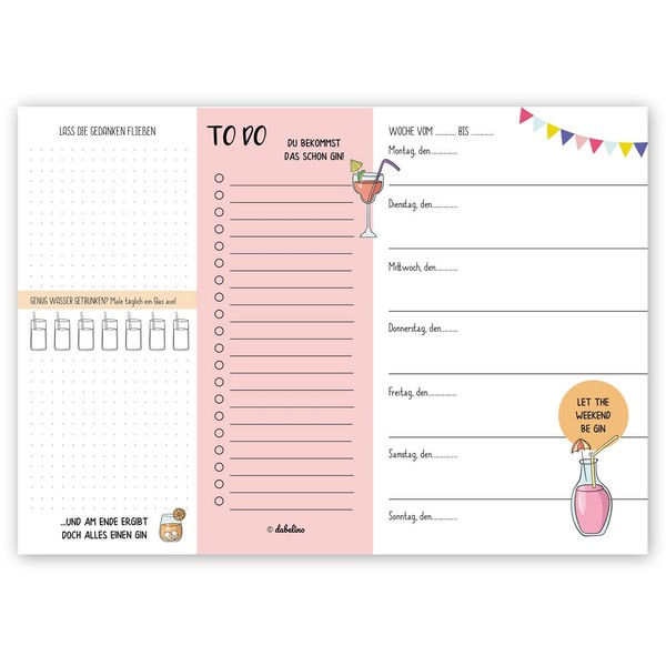 dabelino Gin Lovers Gift: Weekly Planner, DIN A4, 50 Sheets