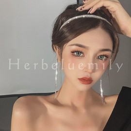 Herbeluemily Headband Rhinestone Tassel Pierced Earrings Style Gorgeous Bijou 2 Rows