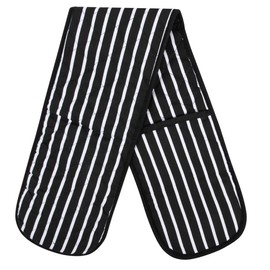 Black Double Oven Gloves Heat Resistant Oven Mitts for Home Kitchen Baking and Cooking, Butchers Stripe Pot Pan Tray Double Oven Gloves, Heavy Duty Cooking Oven Gloves (Black)