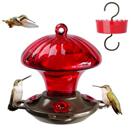 Hummingbird Feeder, Auslar 15 Ounces Glass Hummingbird Feeders for Outdoors Hanging Ant and Bee Proof, Ant Moat & 4 Flower Feeding Ports, Rustproof, Leakproof, Mushroom Shape, Red