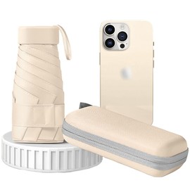 Mini Folding Windproof Travel Umbrella Cute Small Umbrella for Sun and Rain 99% UV Protection Compact Lightweight Portable for Women Men Kids Multiple Colors Beige