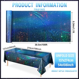 YIDAKO 1 Roll 1200 Inch X 54 Inch Iridescent Space Tablecloths, Disposable Plastic Blue Galaxy Table Cloth Rectangle Table Covers for Space Starry Night Star Theme Party Birthday Party Decorations