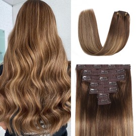 Mocona Clip in Hair Extensions Real Human Hair, 20 Inch 7pcs 70g/Pack - Ombre Chocolate Brown to Caramel Blonde, Soft Remy Human Hair Clip in Extensions Straight Capable for all Occasion (20 Inch)