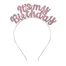 Birthday Headband Tiara Hat for Women Girl Glitter Pink Happy Birthday Crown Headpiece Headdress B-day Birthday Gift