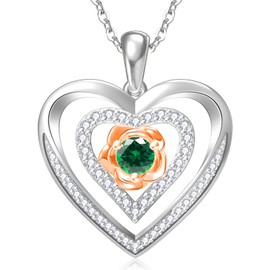 RIVIKO 925 Sterling Silver Rose Flower May Birthstone Necklaces for Women,Love Heart Pendant Necklace Jewelry for Women Wife Mother Friend Lady