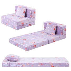 MeMoreCool Foldable Futon Chair Bed for Kids, Glow Tri-Fold Sofa Bed Convertible Toddler Sofa Mattress with Pillow, Foam Floor Couch for Sleeping and Play, Purple