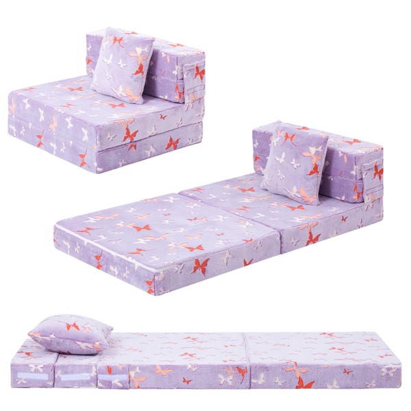 MeMoreCool Foldable Futon Chair Bed for Kids, Glow Tri-Fold Sofa