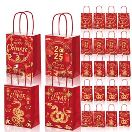 LOONELO Chinese New Year Party Favor Bags with Handle, 12pcs 2025 Snake Year Treat Gift Holders, Spring Festival Double Side Printing Candy Goodie Kraft Bags for Lunar New Year Party Decorations
