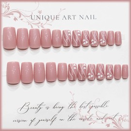 White Love Heart Medium Coffin Press on Nails with Sparkly Curve Line Design, Glossy Gold Glitter False Nails Gel Glue on Nails, Pink Solid Color Manicure Art Fake Nails Stick on Nails for Women Girls