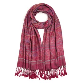 QIUTIMIY Paisley Pashmina Shawls and Wraps for Women Reversible Jacquard Festival Rave Pashmina Scarves with Fringe Vintage(Flower9-Dark Red)