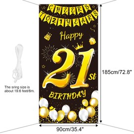 DPKOW Black Gold 21st Birthday Decoration for Man Woman, Black Gold 21st Birthday Banner for Backdrop Door Decoration, Fabric 21st Birthday Background Banner for Garden Table Wall Decoration, 185x90cm