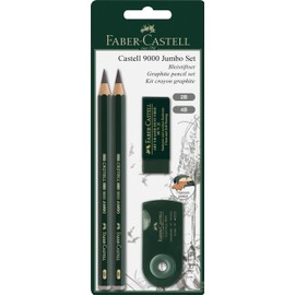 Faber-Castell 9000 - Juego de lápices de grafito jumbo – 2 lápices de grafito (2B, 4B), sacapuntas de lápices de doble agujero, borrador de arte sin polvo, lápices de grafito para dibujar, dibujar y