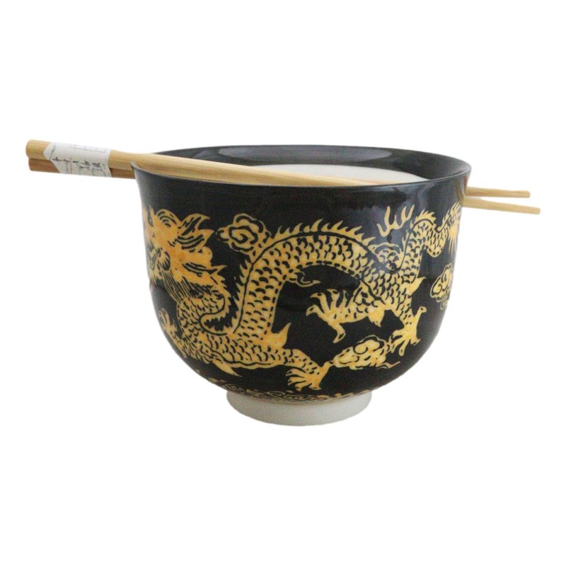 Black And Yellow Dragon King Ceramic Donburi Ramen Bowl With