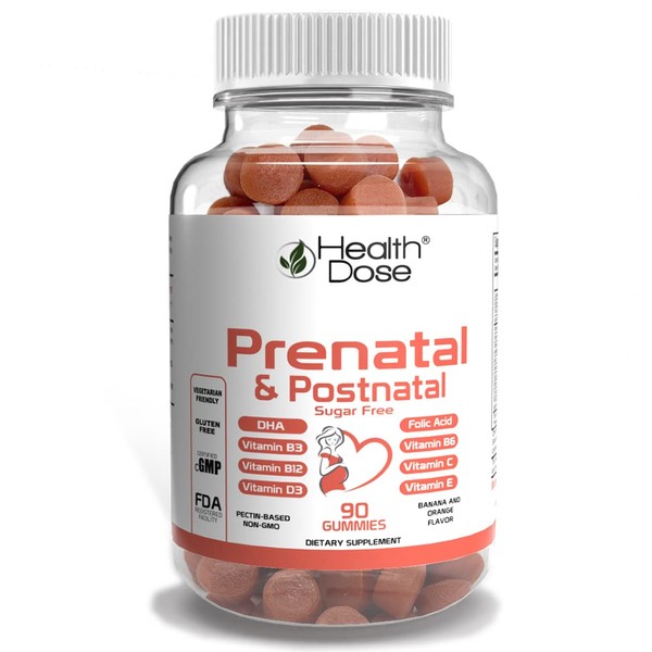 HealthDose Prenatal & Postnatal Vitamins for Pregnant and Lactating Women, DHA & Folic Acid,Gluten & Sugar Free Vitamin B6, B12, C + Zinc for immunity 90 Count Gummies.