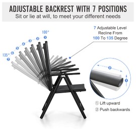 PHI VILLA Folding Patio Dining Chairs Set of 2, Adjustable Patio Sling Chairs Reclining High Back Chairs with Armrest for Outdoor Garden Lawn Pool Yard, No Assembly, Black