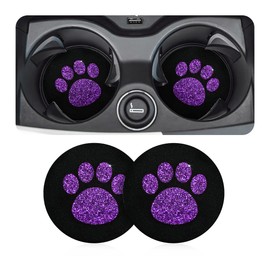 CGEAMDY 2 Pack Car Cup Holder Coasters, 7 CM Bling Glitter Rhinestone Paw Print Cup Coaster, Rubber Non-Slip Insert Auto Drink Mat, Universal Car Interior Accessories for SUV, Truck, RV (Purple)