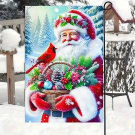 BlissYard Christmas Garden Flag Santa Flag Winter Garden Flag Santa Claus With Cardinal Bird And Festive Basket Winter Snowy Scene Garden Flags 12x18 Double Sided Outdoor Lawn Yard Banner