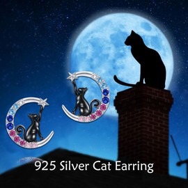 VONALA Moon Cat Earrings for Women 925 Sterling Silver Cat Stud Earrings Colorful Cat Jewelry