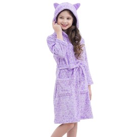 Doctor Unicorn Soft Hooded Rainbow Bathrobe Sleepwear for Girls (Purple cat, 10-11 Years)