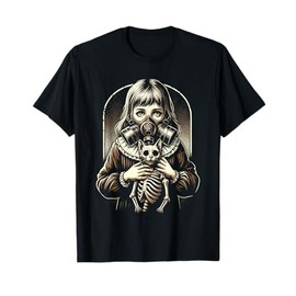 Creepy Girl Wearing Gas Mask and Holding a Cat Skeleton T-Shirt