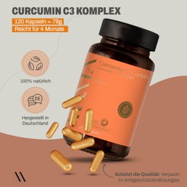 MANIA Curcumin C3 Komplex – 120 Curcumin Kapseln hochdosiert – Mit schwarzem Pfeffer für hohe Bioverfügbarkeit – Vegane Curcumin Kapseln 100% natürlich