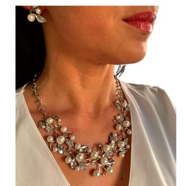 ONDEGO® PERLEN Set Silber Strass Schmuck Kette Schmuckset Kommunion Ball Abiball Hochzeit Brautschmuck