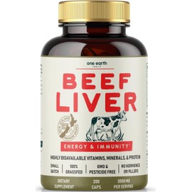 One Earth Health Beef Liver Capsules. 100% Grass Fed New Zealand Beef Liver. Pasture Raised. GMO and Filler Free. 200 Capsules (3,000mg Serving)